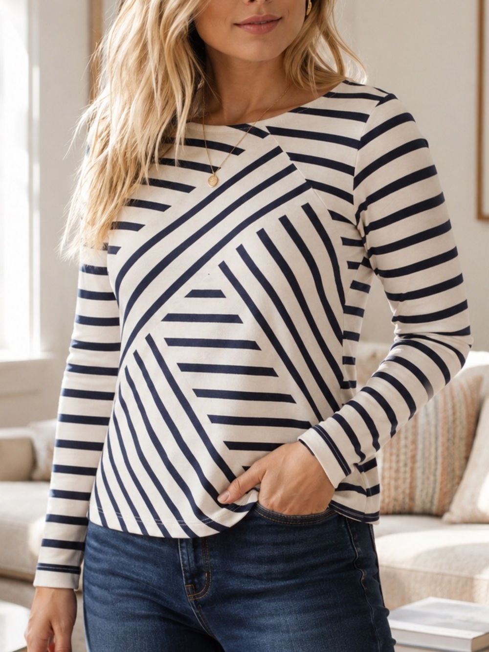 J.Crew Navy Ivory Geometric Stripe Long‎ Sleeve Knit Top Women’s XS